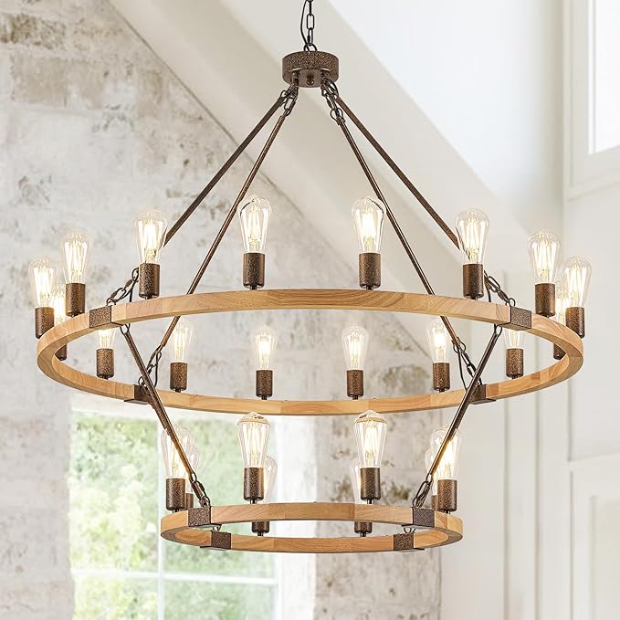 Farmhouse Wagon Wheel Chandelier 43" Wooden Rustic Chandelier 24-Light 2 Tier Extra Large Pendant Light Fixture Round Chandeliers for High Ceiling Foyer Living Room Porch