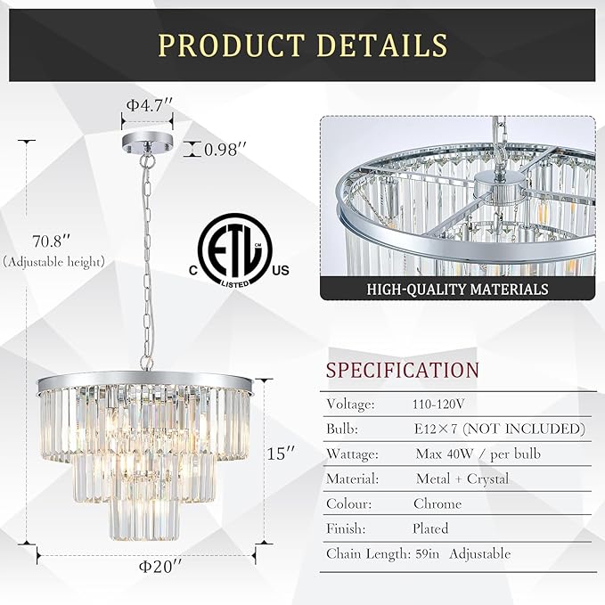 20” Modern Crystal Chandeliers, Chrome Round Chandeliers for Dining Room 3 Tiers 7 Lights Luxury K9 Crystal Ceiling Pendant Light Fixture for Foyer Bedroom Closet