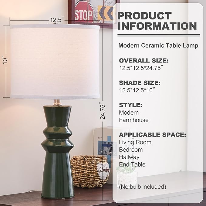 24.75" Green Lamps Set of 2 for Living Room, Ceramic Green Table Lamps for Bedroom Set of 2, Dark Green Bedside Lamp for Nightstand, Retro Table Lamp Set 2 for Buffet, Home Office