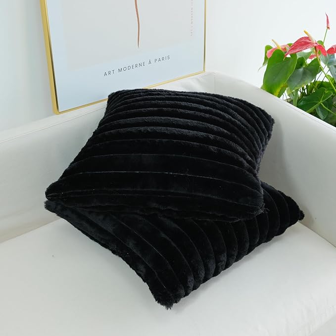 JOJUSIS Pack of 2 Faux Fur Plush Decorative Throw Pillow Covers Couch Cushion Case Soft Pillowcases (Black, 20 x 20-Inch)