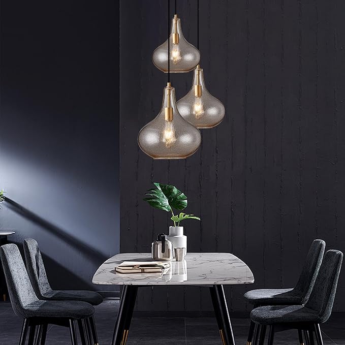Handcrafted 11-Inch Mid-Century Modern Brass Gold Pendant Light with Seeded Glass Shade - Elegant Dining Room Pendant Light