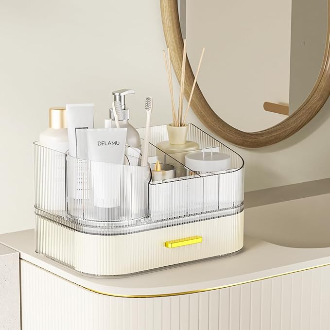 Delamu Makeup Organizer for Vanity with Stackable Drawers, 360 Rotating Makeup Brush Holder Large Cosmetic Display Case for Dresser, Bathroom Countertop Skincare Organizers and Storage, Elegant White