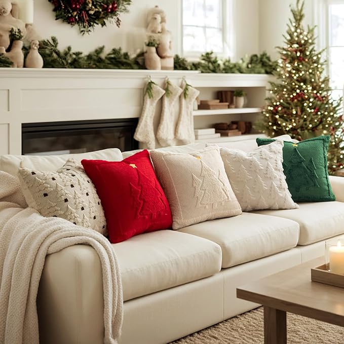 MIULEE Christmas Trees Pillow Covers Set of 2 Decorative Soft Throw Pillows Plush Faux Fur Wool Embroidered Couch Cushion for Holiday Winter Home Decor Chair Sofa Bedroom Living Room,Red 18x18inch