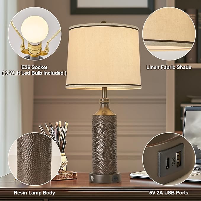 AIDENOEY 27.5" H 3-Way Dimmable Touch Control Table Lamp Set of 2，Vintage Bedside Lamp Nightstand Lamps with USB A+C Ports, Black Brown Finish Resin Table Lamp, for Living Room,Bedroom，Office