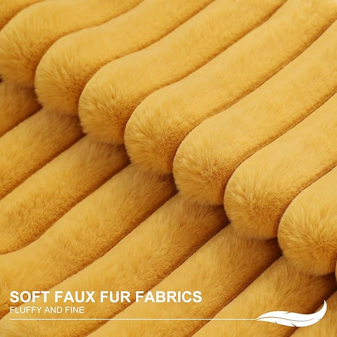 Pallene Faux Fur Plush Lumbar Throw Pillow Covers 12x20 Set of 2, Luxury Soft Fluffy Striped Decorative Pillow Covers for Sofa, Couch, Living Room, Mustard Yellow