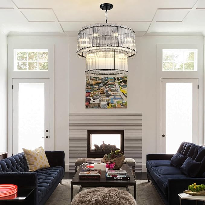 37" Modern Black Round Chandeliers, 3-Tier 16-Light Water Ripple Crystal Glass Chandelier, for Living Room, Foyer, High Ceiling Staircase, Dining Room, Luxury Adjustable Hanging Chandelier