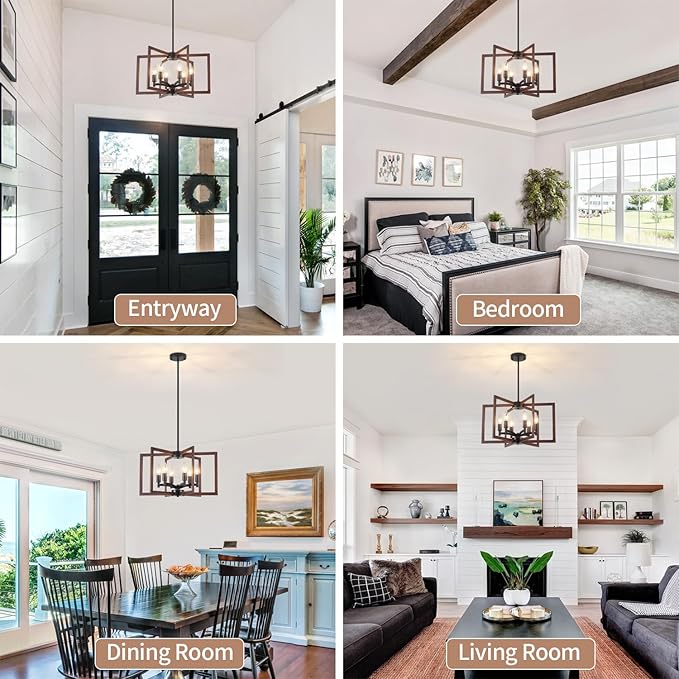 Farmhouse Chandelier Dining Room Light Fixtures,6-Light Kitchen Island Light Rustic Wood Grain Finish Geometric Chandelier for Entryway Stairway Foyer,UL-Listed