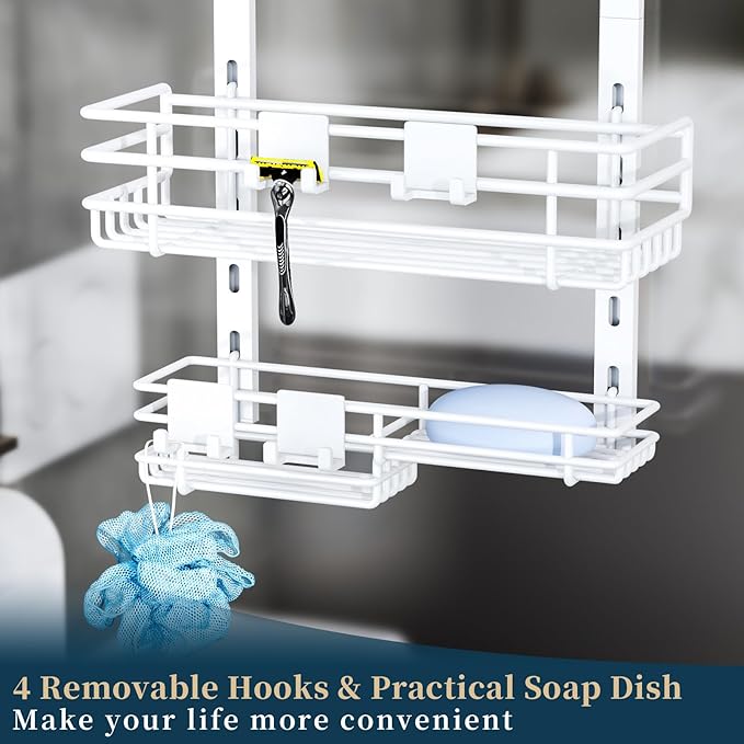 Consumest Over The Door Shower Caddy - 5 Tier Adjustable Shower Organizer Hanging with 2 Toothbrush Holders & 4 Hooks, Rustproof Oragnizer Shelf, Storage Rack for Bathroom, White