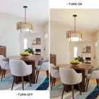 Boho Rattan Chandelier, 19.7" Rattan Pendant Light with Fabric Shade, 4-Light Farmhouse Ceiling Light Fixture Chandelier for Dining Room, Living Room, Bedroom, Kitchen Island, Foyer, Hallway
