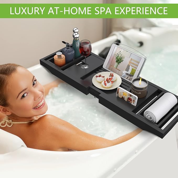 Artmalle Bathtub Caddy Tray - Expandable and Foldable Bath Tray for Tub, Luxury Bamboo Bath Caddy Tub Table, Bathtub Accessories with Book Holder and Free Soap Dish, Black