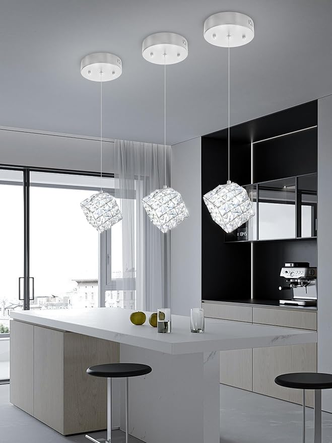 1-Light Modern Chrome Pendant Light Fixtures for Kitchen Island Small Hanging Crystal Chandelier for Bedroom Entryway Living Room Foyer Hallway LED Dimmable Chandeliers for Dining Room