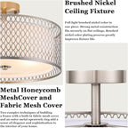 17" Semi Flush Mount Ceiling Light Fixture, Modern 3-Light E26 Double Drum Ceiling Lighting with White Fabric Lampshade and Gloden Iron Mesh Cage for Living Room Bedroom, Brushed Nickel