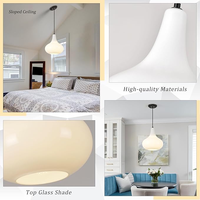 11" Milk White Glass Pendant Light, Blown Glass Hanging Ceiling Light Fixture with Black Finish, Large Vintage Modern Pendant Lamp for Kitchen Island, Sink, Hallway, Living Room