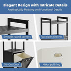 HITNET Tilt Out Laundry Hamper, Bamboo Bathroom Cabinet with Pull Out Removable Bag and 2 Tier Storage Shelves, 8.5 Gallon Clothes Basket with Metal Handle, Black