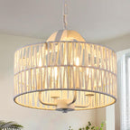 Rattan Chandelier for Dining Room, 4-Light Pendant Light Fixture with White Drum Shade, Adjustable Woven Wicker Flush Mount Ceiling Light, Modern Hanging Lighting for Kitchen Island Entryway