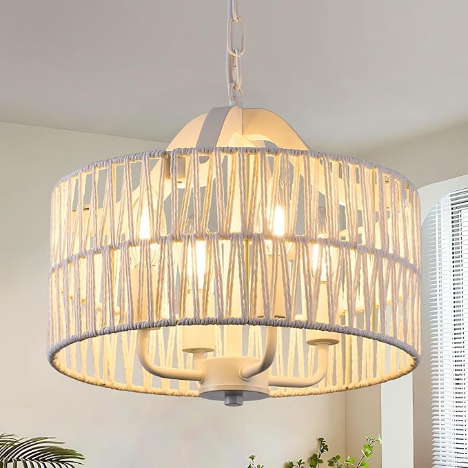 Rattan Chandelier for Dining Room, 4-Light Pendant Light Fixture with White Drum Shade, Adjustable Woven Wicker Flush Mount Ceiling Light, Modern Hanging Lighting for Kitchen Island Entryway