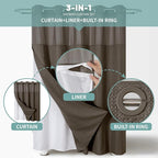 Brown No Hook Waffle Weave Shower Curtain with snap-in Liner Replacement, 230GSM Waterproof Fabric Hotel Shower Curtain Set for Bathroom, Through Mesh Top Window,71Wx77H