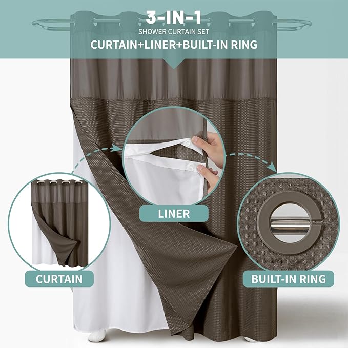 Brown No Hook Waffle Weave Shower Curtain with snap-in Liner Replacement, 230GSM Waterproof Fabric Hotel Shower Curtain Set for Bathroom, Through Mesh Top Window,71Wx74H