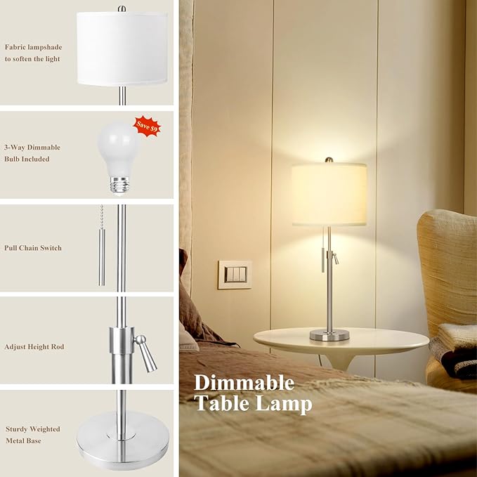 Brushed Nickel Table Lamps Set of 2: 22" to 30" Height Adjustable Nightstand Lamps with White Linen Shade | Pull Chain Switch | Silver Pole Beside Lamp for Living Room Bedroom