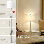 Brushed Nickel Table Lamps Set of 2: 22" to 30" Height Adjustable Nightstand Lamps with White Linen Shade | Pull Chain Switch | Silver Pole Beside Lamp for Living Room Bedroom