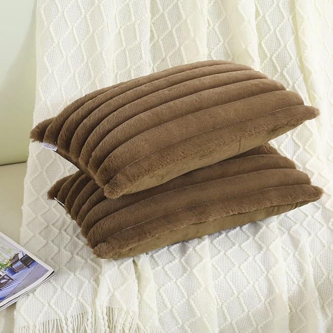 FUTEI Tan Striped Decorative Throw Pillow Covers 12x20 Inch Set of 2,Rectangle Winter Decorations Couch Lumbar Pillowcase,Soft Cozy Faux Rabbit Fur & Velvet Back,Modern Home Decor for Bed