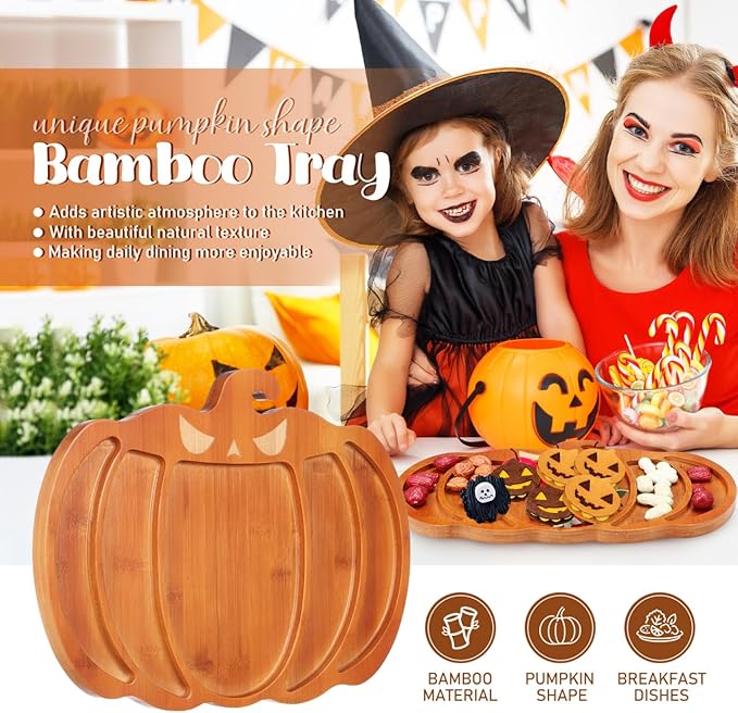 Ciieeo Halloween Pumpkin Charcuterie Board,14.9x11.4 Inches Pumpkin Shaped Serving Platter Sectional Bamboo Pumpkin Dish Plate for Fall Autumn Halloween Party,Thanksgiving Cheese Turkey Board