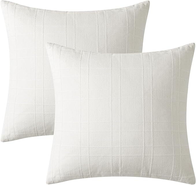 MIULEE Decorative Linen Check Euro Shams Throw Pillow Covers Neutral Farmhouse Vintage Christmas Pillow Covers 22x22 Set of 2 Boho Modern Home Decor for Sofa Couch Bedroom Cushion Cream White