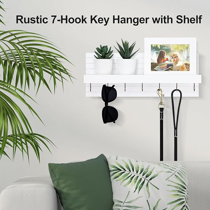 Key Holder Wall Mount, Entryway Mail Organizer with Shelf, Decorative Key Hanger with 7 Hooks Holds Leashes and Glasses, Includes Mounting Hardware (13.8” x 5.3” x 3.2”)