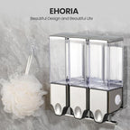 3-in-1 Quadrate Dispensers for The Shower,Shower soap Dispenser,Conditioner Dispenser, Shampoo Dispenser,No Drilled Wall Mounted Distributor,Hotel,Bathroom,Home (Triple, Colorless)
