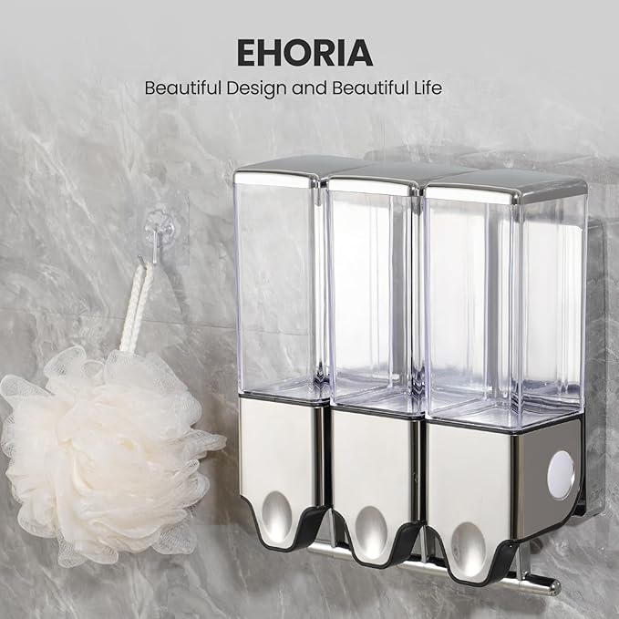 3-in-1 Quadrate Dispensers for The Shower,Shower soap Dispenser,Conditioner Dispenser, Shampoo Dispenser,No Drilled Wall Mounted Distributor,Hotel,Bathroom,Home (Triple, Colorless)