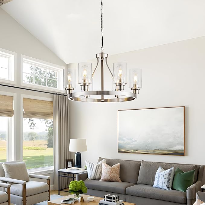 6 Light Wagon Wheel Chandelier Brushed Nickel Modern Dining Room Light Fixture Pendant Lighting for Living Room Kitchen Island Foyer Bedroom, Adjustable Height Metal E26 Base with Glass Shade