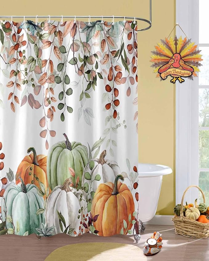 Fall Thanksgiving Shower Curtain, Autumn Pumpkins Eucalyptus Leaves Shower Curtains Set with Hooks, Blue Sage Green Orange Waterproof Fabric Bathroom Curtains Decor Home Accessories, 60 X 72 Inch Long