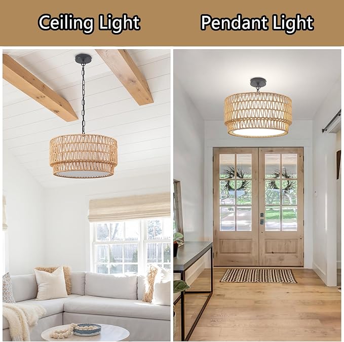 Rattan Pendant Light Fixtures, 3-Light Chandeliers for Dining Room,2-Tier Boho Woven 18” Modern Hanging Drum Lighting with Fabric Shade for Living Room Kitchen Island Entryway Hallway