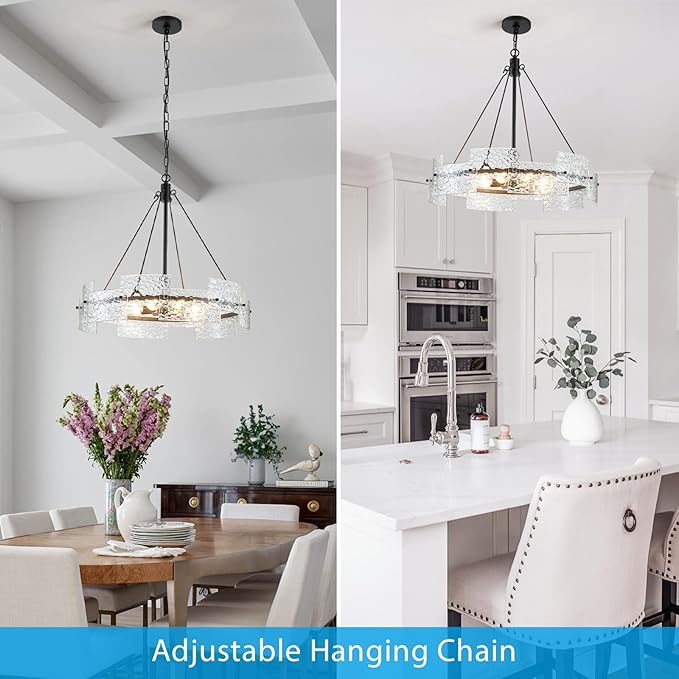 XINGQI Black Chandeliers for Dining Room Modern 8-Light Glass Farmhouse Pendant Lighting Fixtures Round Chandelier for Kitchen Island Living Room Entryway