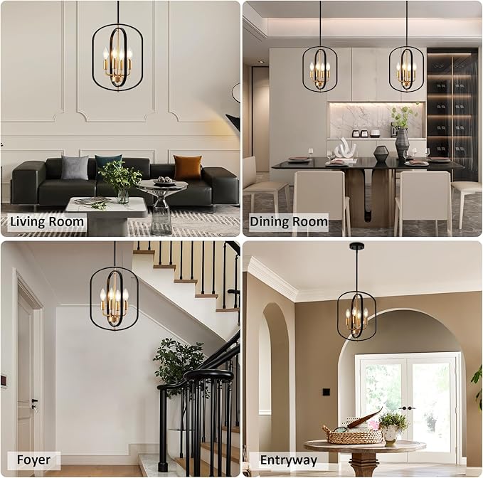 Black and Gold Chandelier for Dining Room, 4 Light Farmhouse Entryway Light Fixture, Adjustable Modern Farmhouse Chandelier Light Rustic Small Kitchen Chandelier for Entryway, Living Room, Foyer