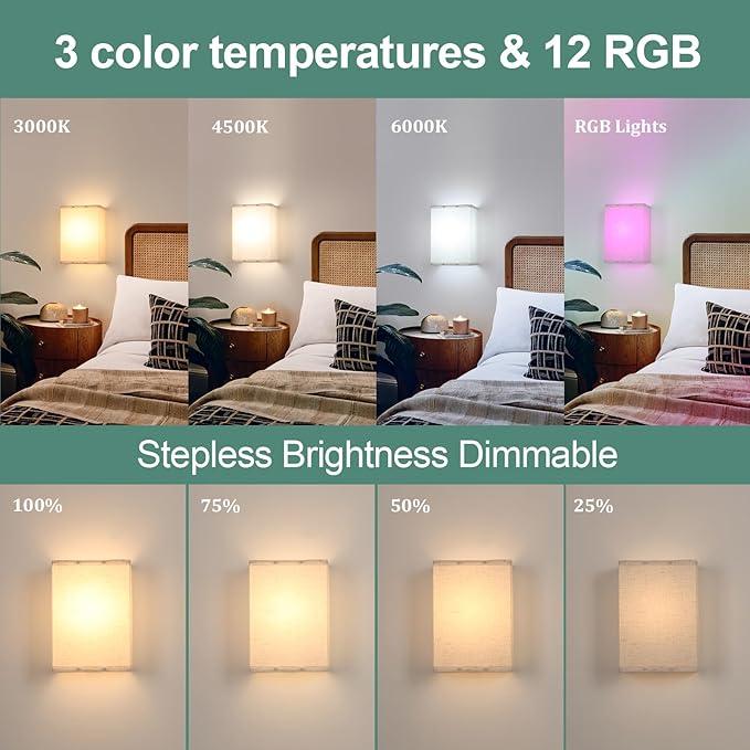 Adhesive Battery Operated Wall Sconce Set of 2, 5000 mAh Battery Rechargeable Bulb with 12 RGB Colors, Stick on Cuboid Wall Sconce No Drill Wall Lights, Linen