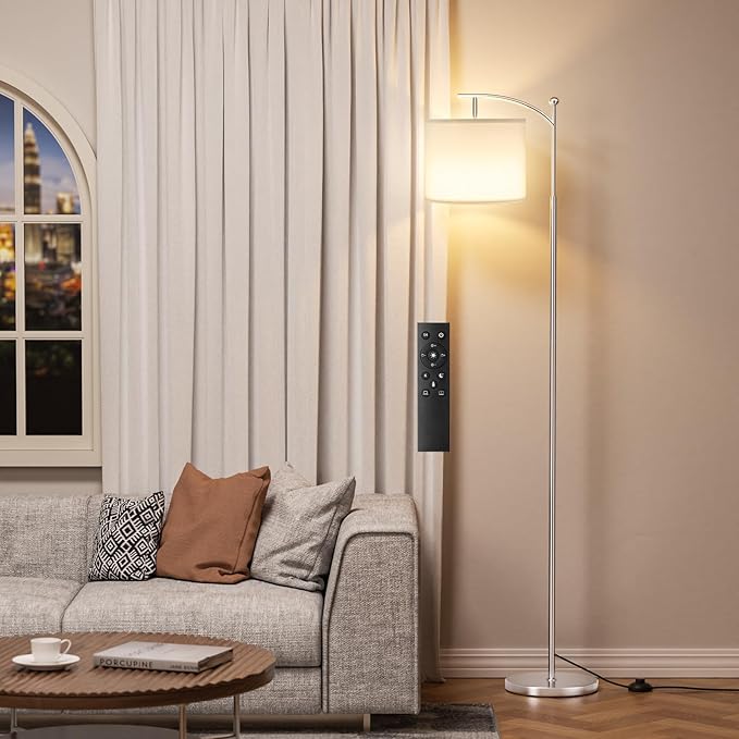 60" Floor Lamps with Remote Control & Bulb, Colors Temperature & Brightness Adjustable, White Shade & Silver Pole