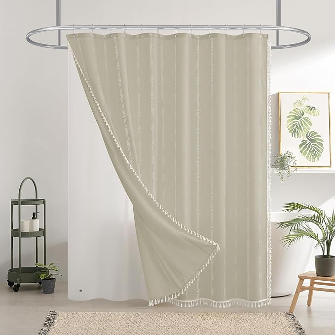 downluxe Linen Texture 3 in 1 Farmhouse Shower Curtain Set with Tassel, Boho Fabric Shower Curtains for Bathroom, Taupe, 60W x 72L