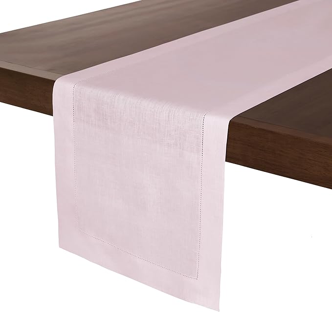 D'Moksha Homes Linen Pastel Pink Table Runner 48 Inches - Classic Hemstitch, 100% Pure Linen Coffee Table Runner 14 x 48 Inch Ideal for Dresser Tables - Fall, Autumn and Halloween