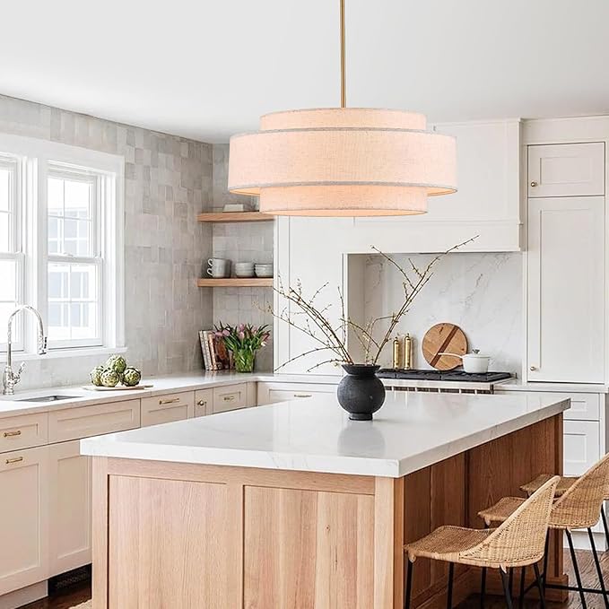 Modern 23.6" Large Drum Chandelier 6-Lights Vintage Modern Chandelier Light Fixture with Linen Shade Retro Farmhouse Drum Chandeliers for Dining Room, Kitchen Island, Living Room, Bedroom