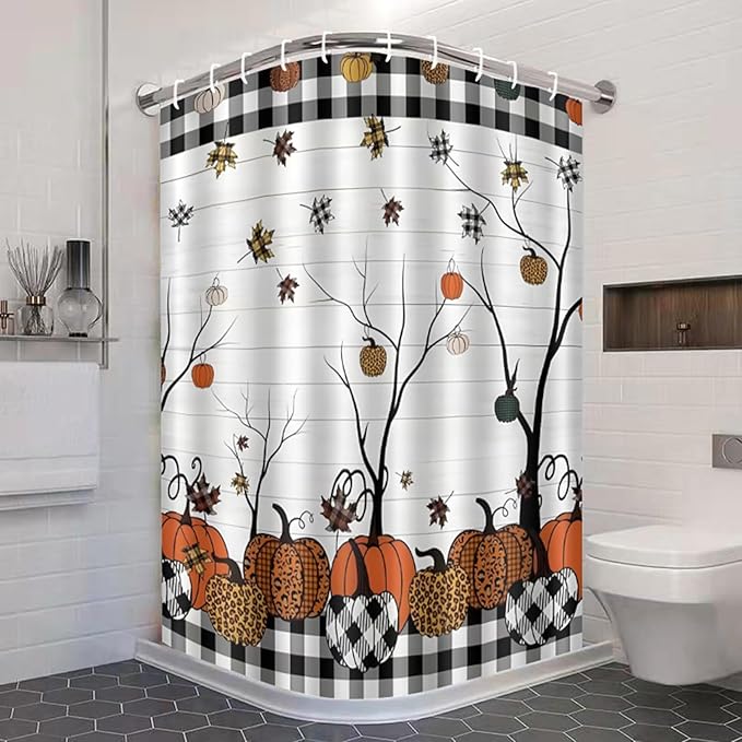 Fall Plaid Pumpkin Shower Curtain Farmhouse Buffalo Plaid Autumn Maple Leaves Thanksgiving Bathroom Curtains Waterproof Polyester Fabric Bath Curtain 72 x 72 Inch with 12 Hooks