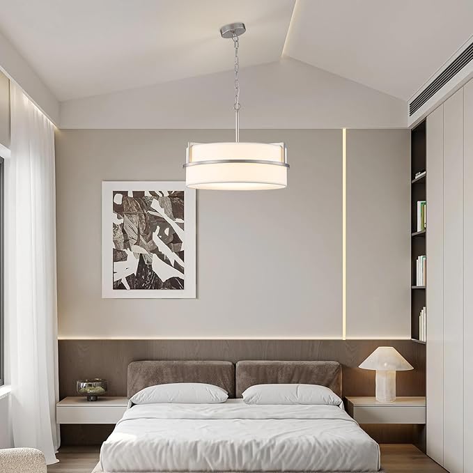 15.7" Modern Drum Chandelier Ceiling Light Fixture,3-Light Drum Pendant Light with White Fabric Shade,Adjustable Brushed Nickel Dining Room Chandelier for Kitchen Island Over Table Bedroom,E26