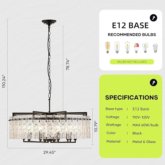 Black Crystal Chandeliers for Dining Room 10-Light, 29.5” Modern Water Ripple Glass Light Fixture, Farmhouse Round Lighting for Kitchen Island, Bar Table