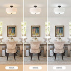 16" Semi Flush Mount Ceiling Light Fixture, Close to Ceiling Light Fixtures with Farmhouse Fabric Linen Shade, Double Drum Black Flush Mount Ceiling Light for Living Room Bedroom Dining Room Kitchen