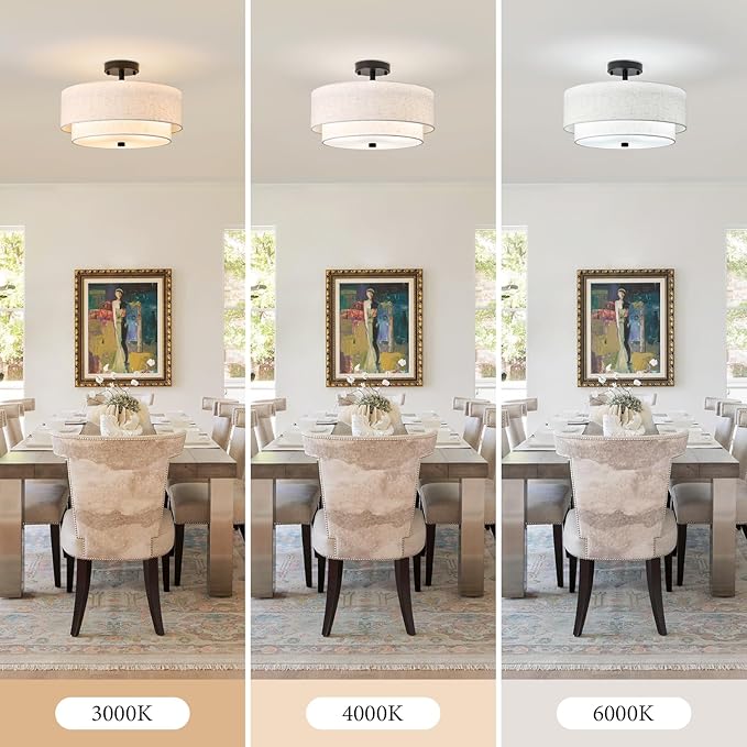 16" Semi Flush Mount Ceiling Light Fixture, Close to Ceiling Light Fixtures with Farmhouse Fabric Linen Shade, Double Drum Black Flush Mount Ceiling Light for Living Room Bedroom Dining Room Kitchen