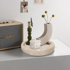 Travertine Tray, Small Ceramic Vanity Tray for Bathroom Counter Decor, Round Marble Decorative Trays for Coffee Table (Beige, Small Size)
