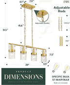 LMS 4-Light Brushed Gold Island Chandelier Lights for Kitchen, Mid Century Pendant Light with Hammered Glass Shade, Farmhouse Dining Room Light Fixture, Kitchen Island, LMS-171GD-4
