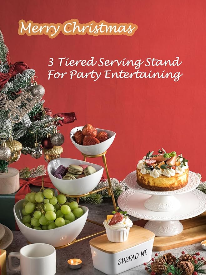 Gomakren 3 Tiered Oval Serving Bowl with Collapsible Metal Rack, Chip and Dip Serving Set, Dessert Appetizer Bowl Set (45oz / 17.5oz / 7oz), White Serving Bowls For Entertaining (Gold Stand)