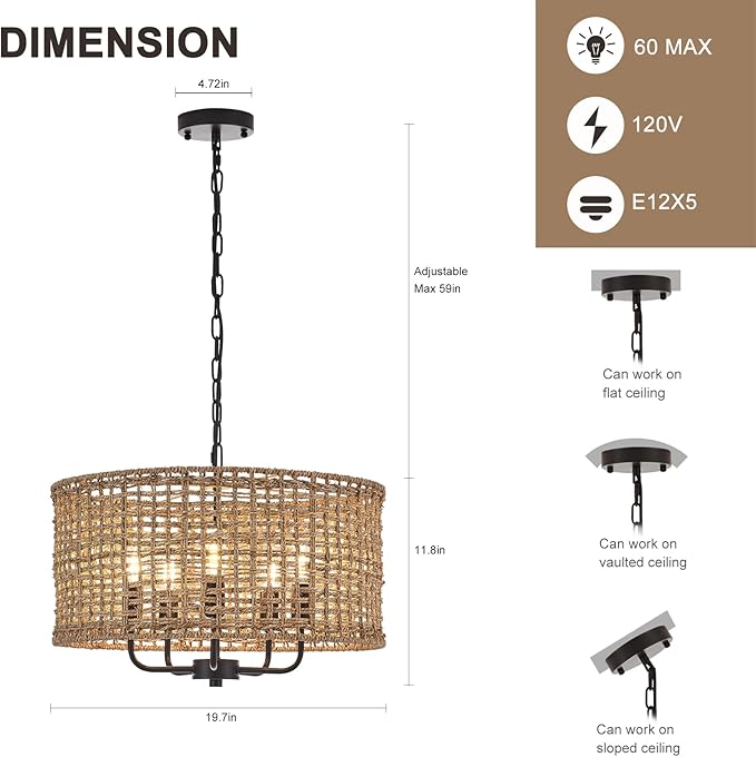 Hand-Woven Rattan Chandelier Vintage Farmhouse Boho Bamboo Chandeliers Light Fixture Rustic Retro 5-Lights Drum Wicker Rattan Black Chandelier for Dining Room, Kitchen, Living Room, E12