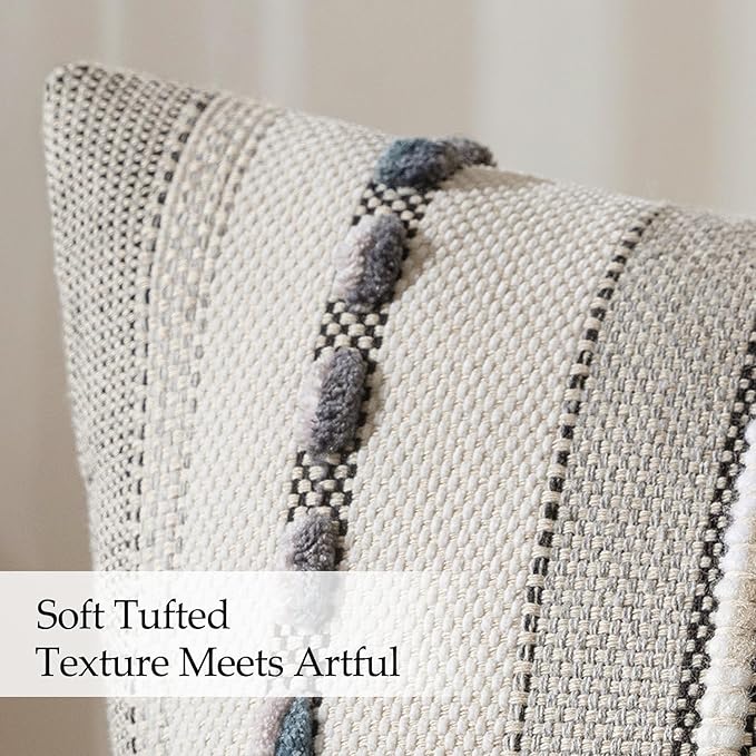 ANRODUO Pack of 2 Boho Decorative Throw Pillow Covers 18x18 Farmhouse Cushion Case Striped Chenille Pillow Cases Square Pillow Covers Accent Neutral Pillowcase for Sofa Couch Bed Fall, Gray Stripe